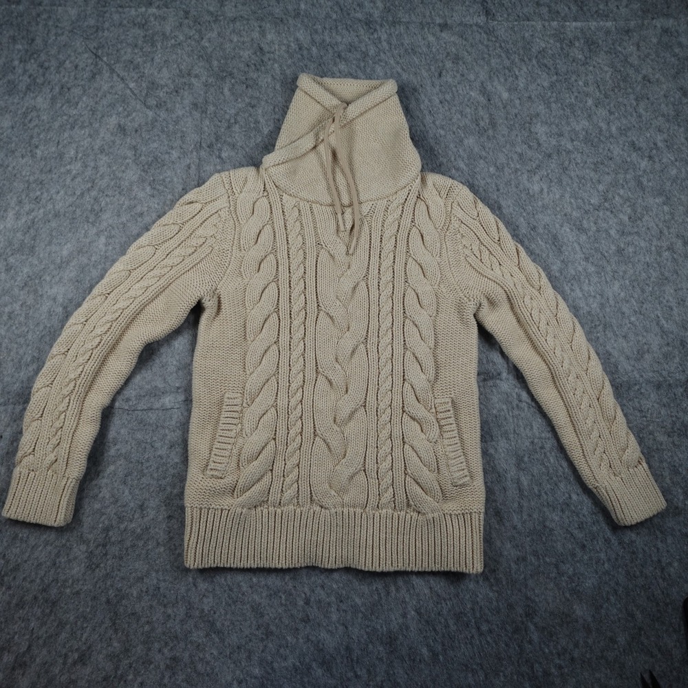 LL Bean Sweater Womens XSP Tan Double L Mixed Cable Knit Funnelneck Fisherman